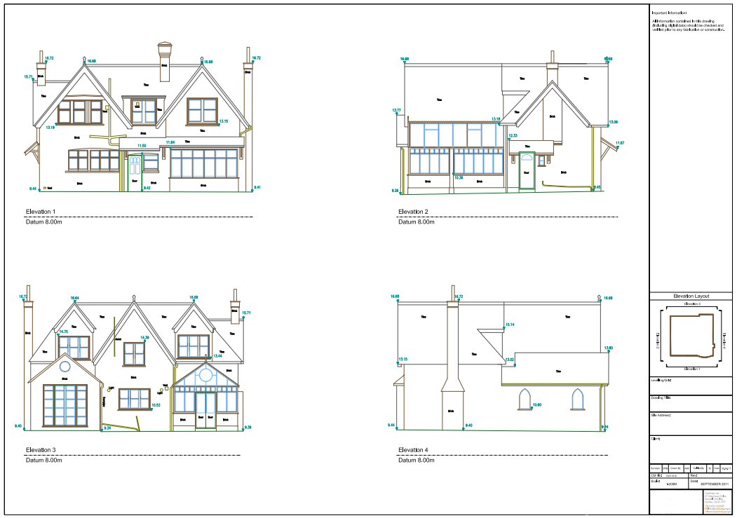 Technical sheet showing four external house elevations with rooflines, windows and height annotations