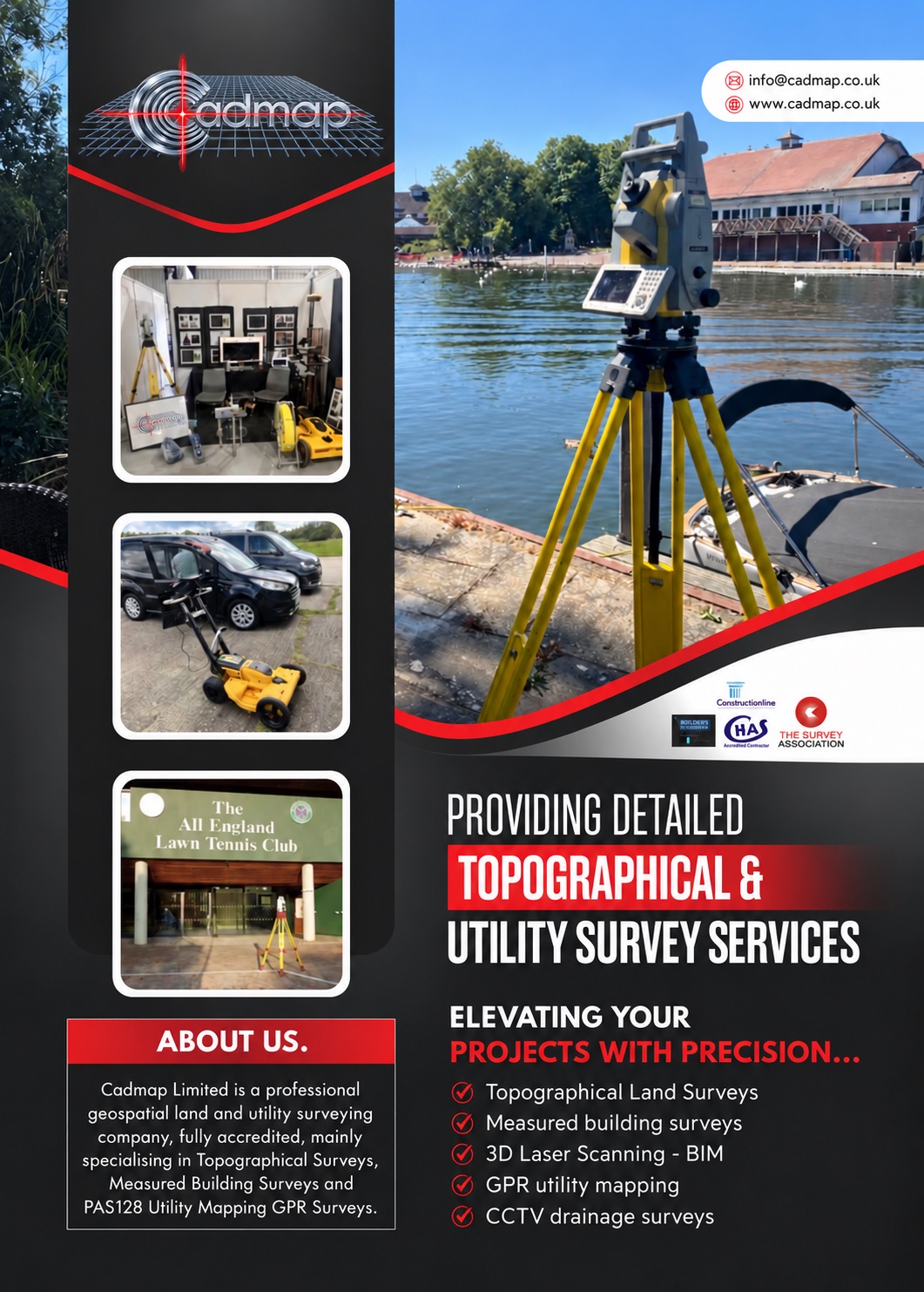 CADMAP services poster showing a total station beside a river and smaller equipment photographs