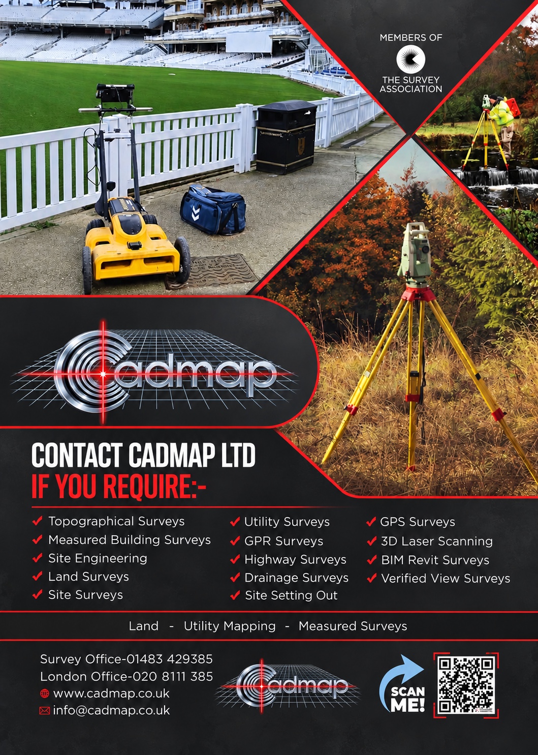 CADMAP services poster with a yellow radar cart beside stadium seating and photographs of total stations