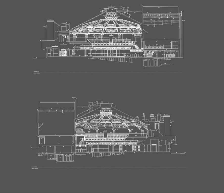 Measured building survey sections through a domed building