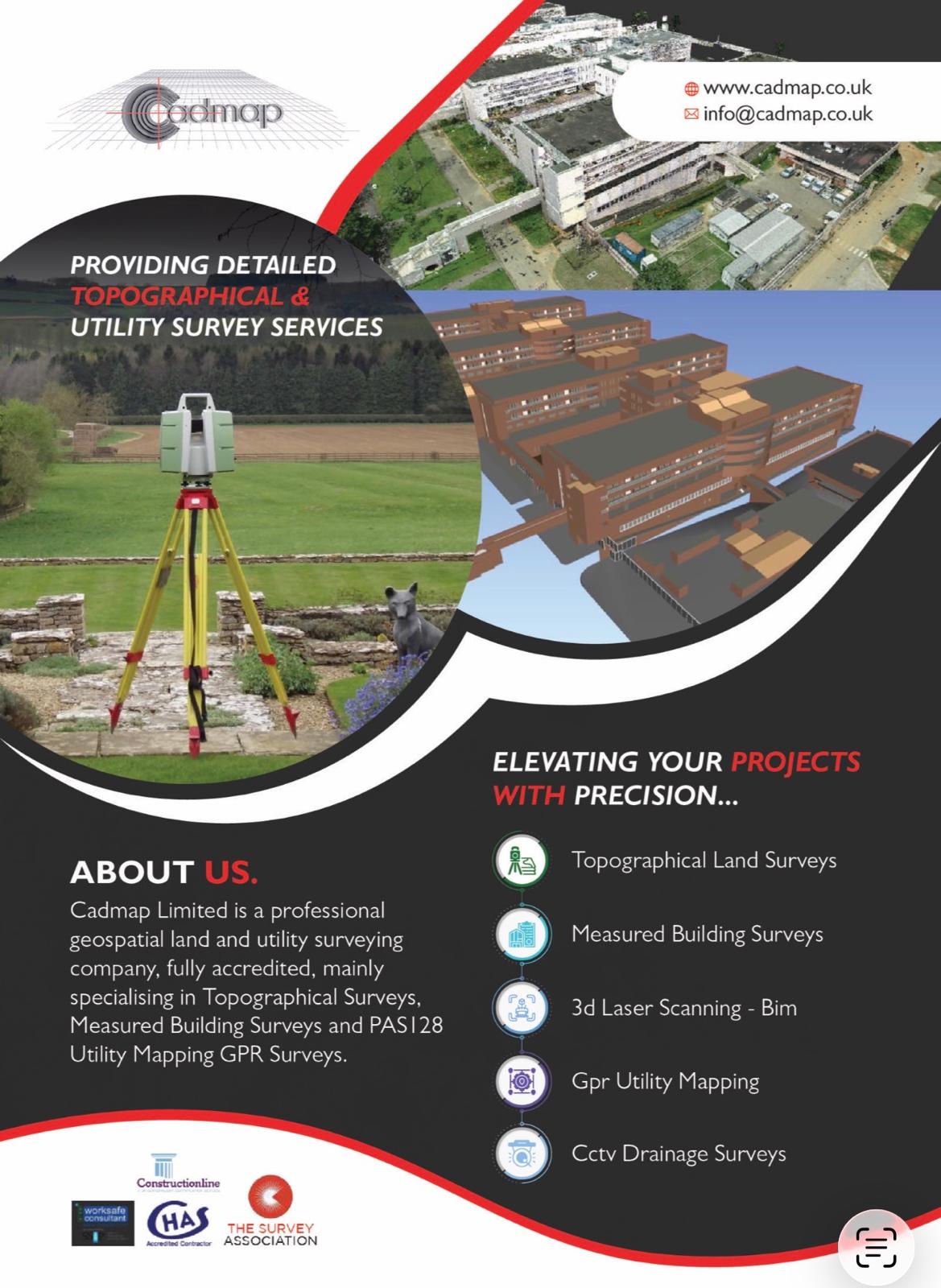 CADMAP poster combining a survey instrument, a building point cloud and a BIM model