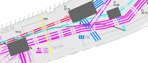 Utility survey drawing with colour-coded service routes, chamber labels and depth annotations
