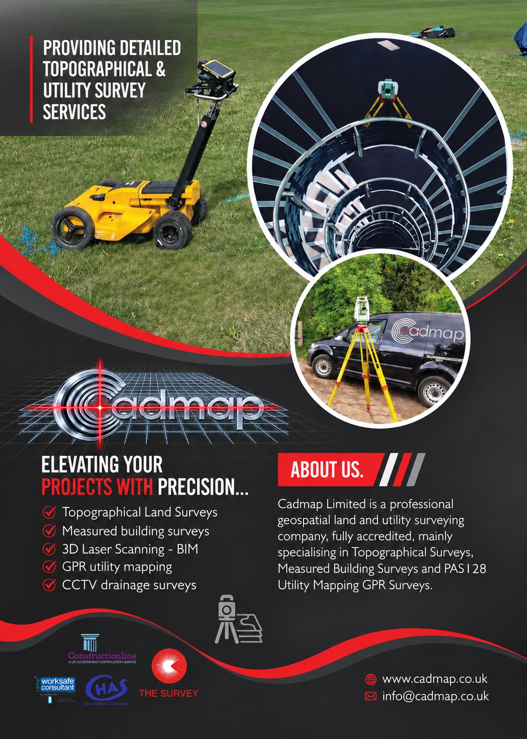 Red and black CADMAP services poster with a circular staircase, yellow radar cart and company van