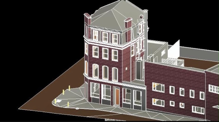 3D model of a Victorian red-brick corner building produced from a measured building survey