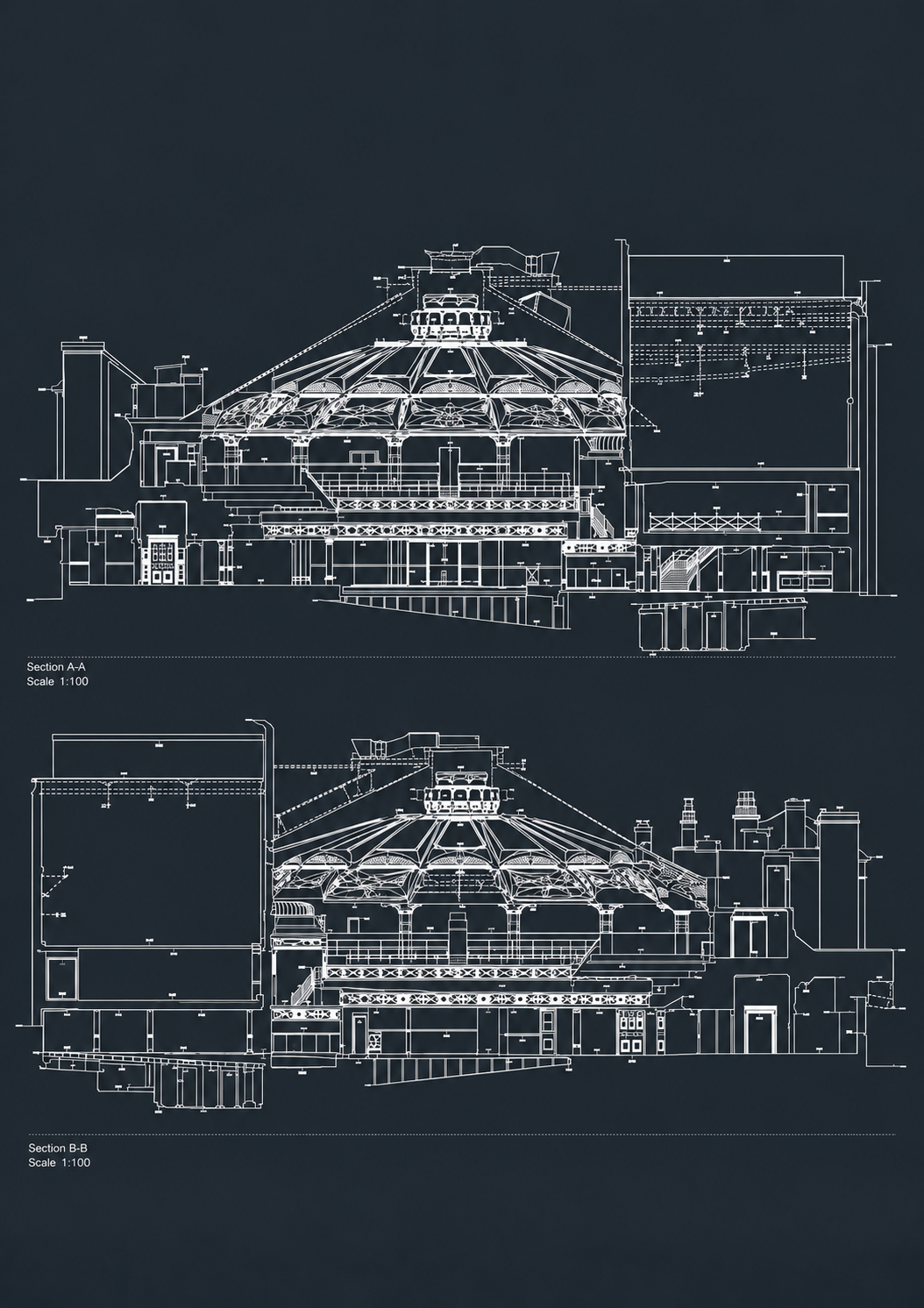 Cross sections of a domed building drawn by Cadmap at 1:100 scale