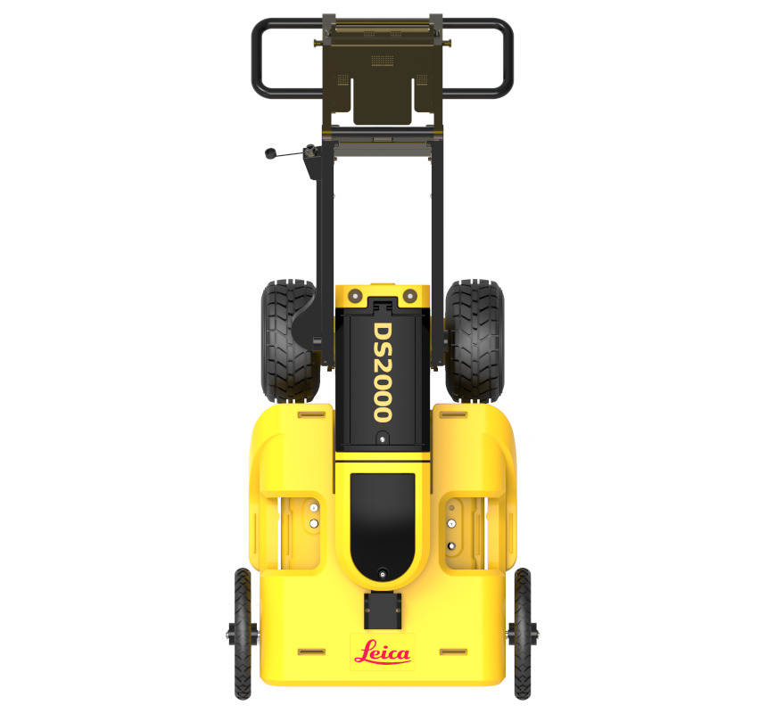 Front view of a yellow radar cart with wheels, handle and mounted control screen