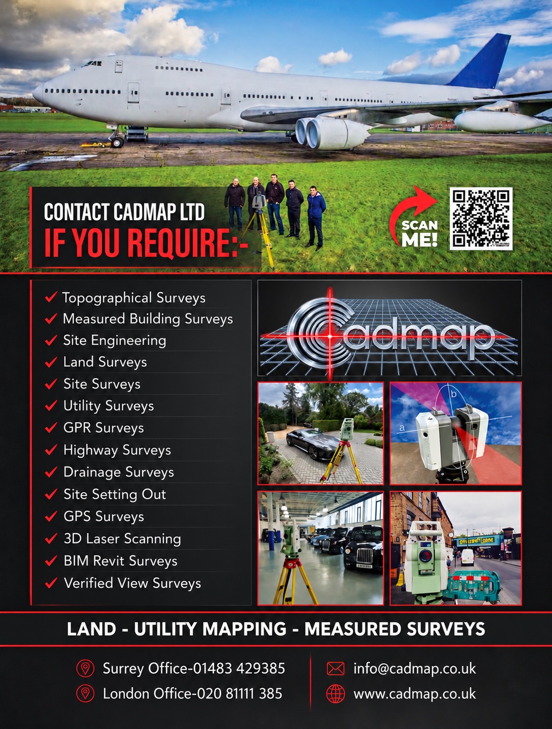 CADMAP services poster with an aircraft, five people beside a surveying instrument and smaller survey photographs