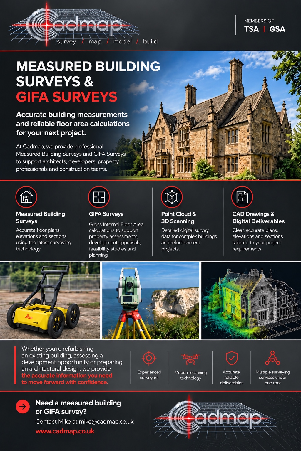 CADMAP measured building and GIFA poster with a manor house, survey equipment and a building point cloud