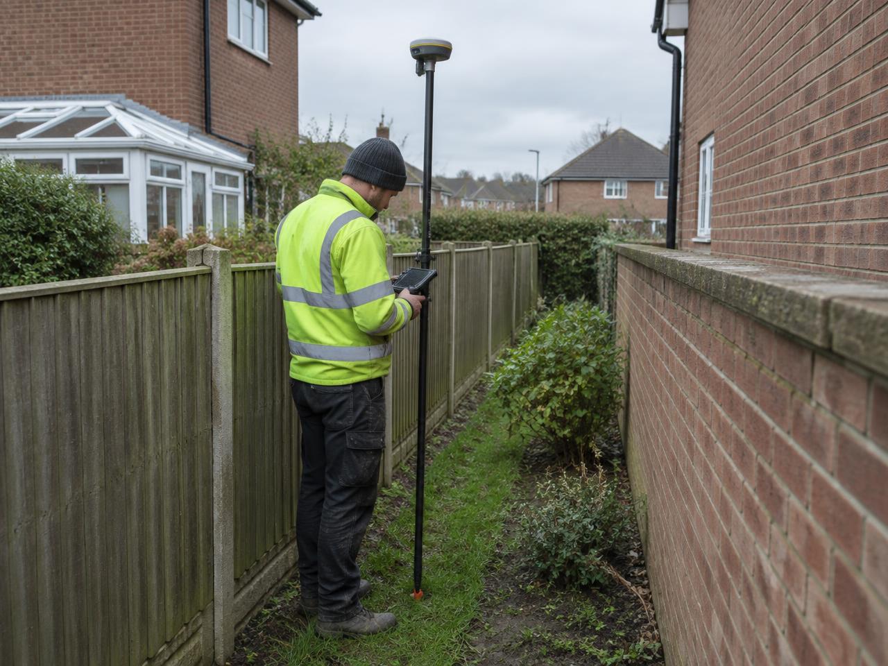Surveyor with a GNSS rover pole beside a garden fence and wall