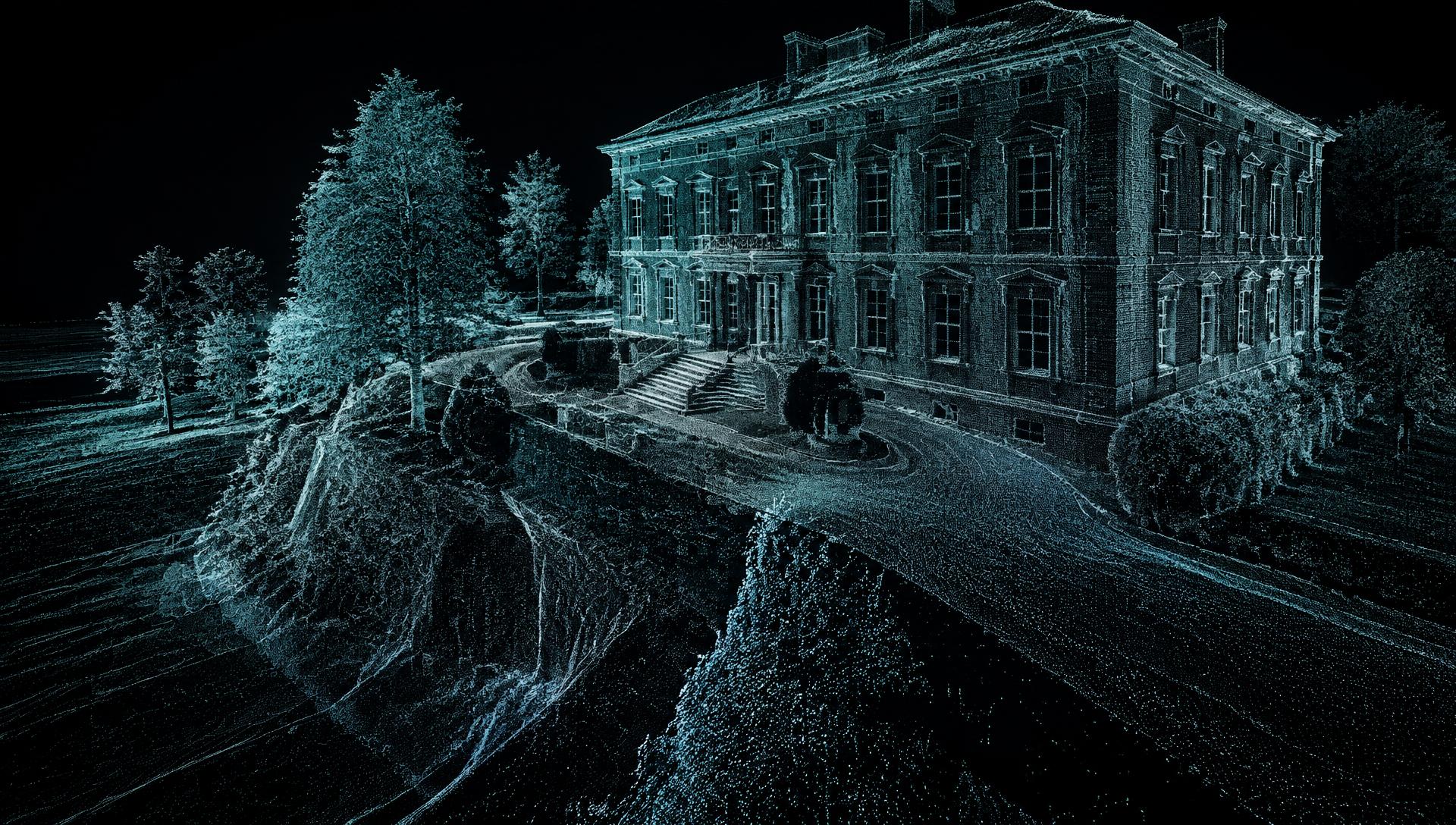 Laser scan point cloud of a period building among trees