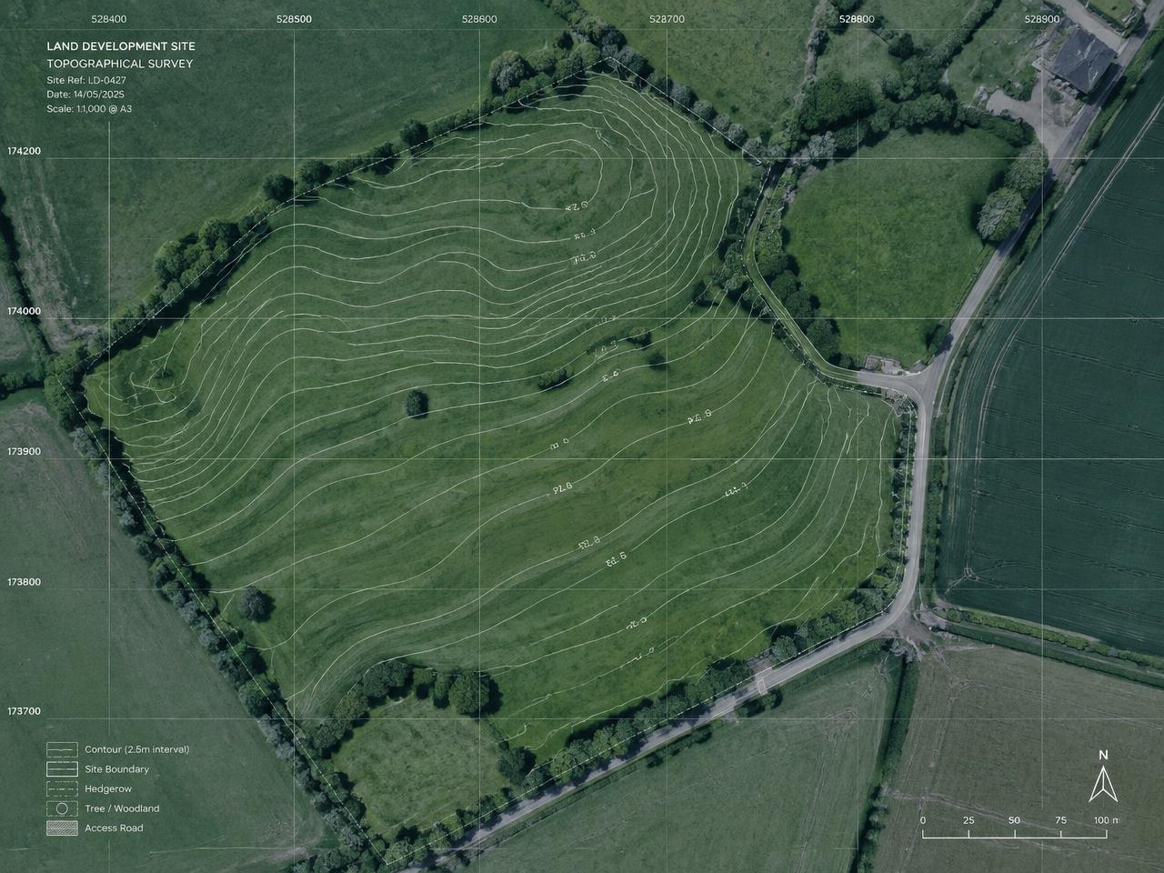 Topographical survey plan with contour lines over farmland